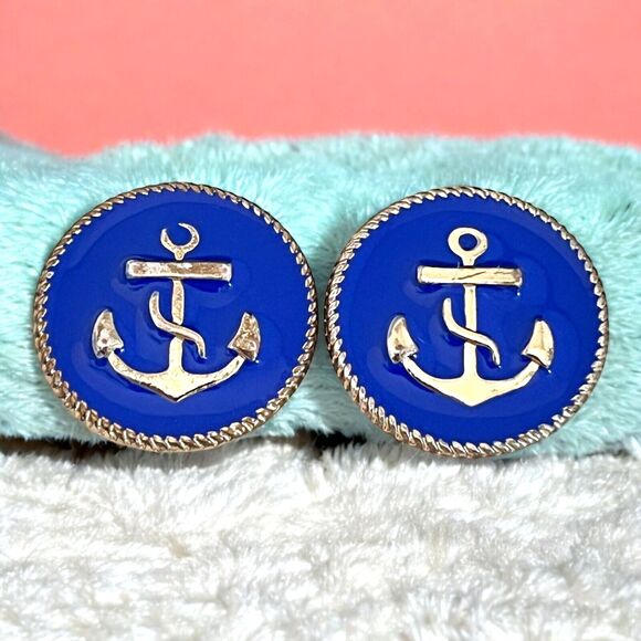 Vintage Anchor Earrings Gold Tone Blue Enamel Pierced 11U - Picture 1 of 4